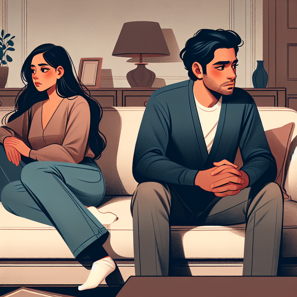 An illustrative image showing a couple sitting on a couch, one person looking away in thought while the other looks concerned, symbolizing emotional distance in a relationship.
