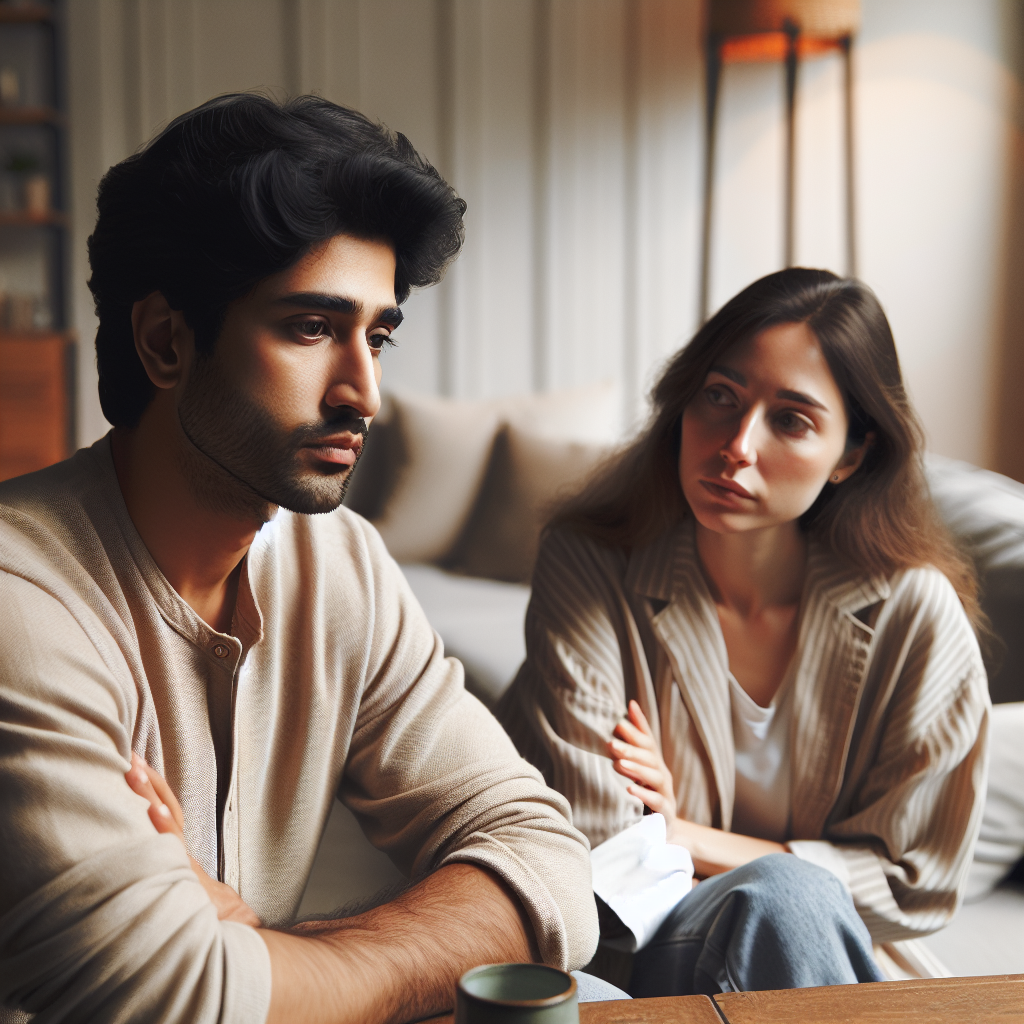 A couple sitting at a table, one person looking away in thought, the other trying to communicate, set in a cozy living room environment, neutral tones, expressive and emotional.