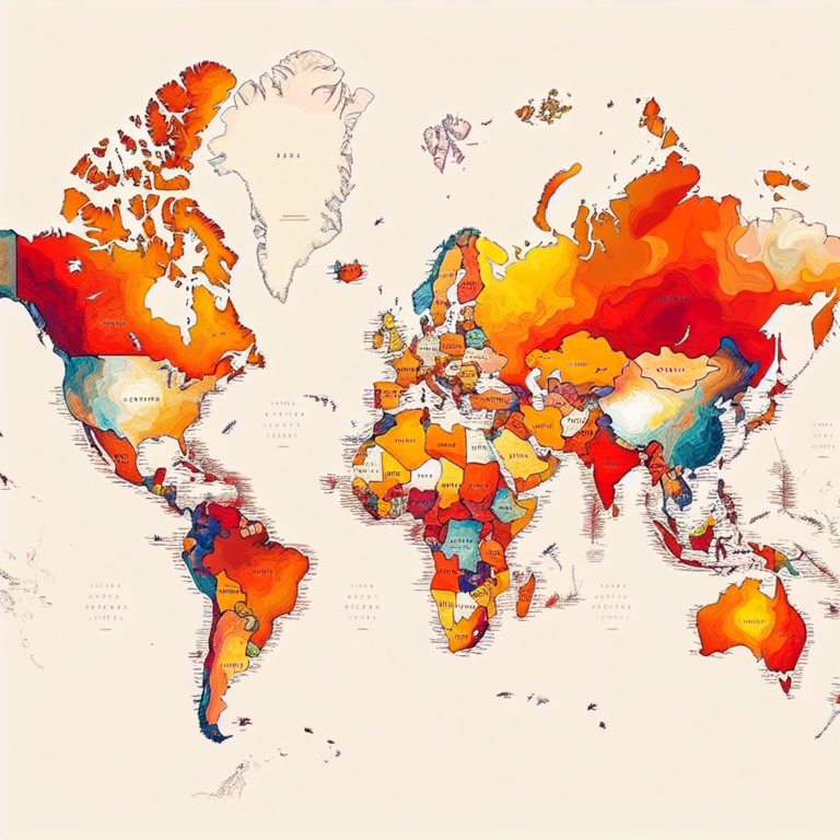 A world map with countries highlighted based on a playful and sensual theme, showing the diversity in perceptions of sexual prowess among different nationalities, with warm, vibrant colors.