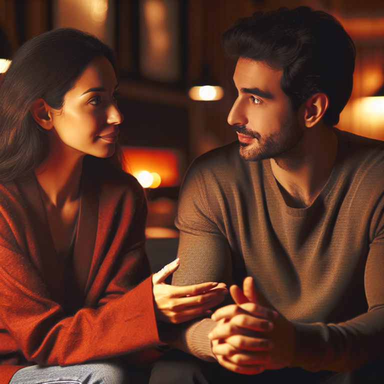 A couple having a heartfelt conversation in an intimate and comforting setting, conveying a sense of trust and openness, with soft lighting and warm colors symbolizing understanding and emotional connection.