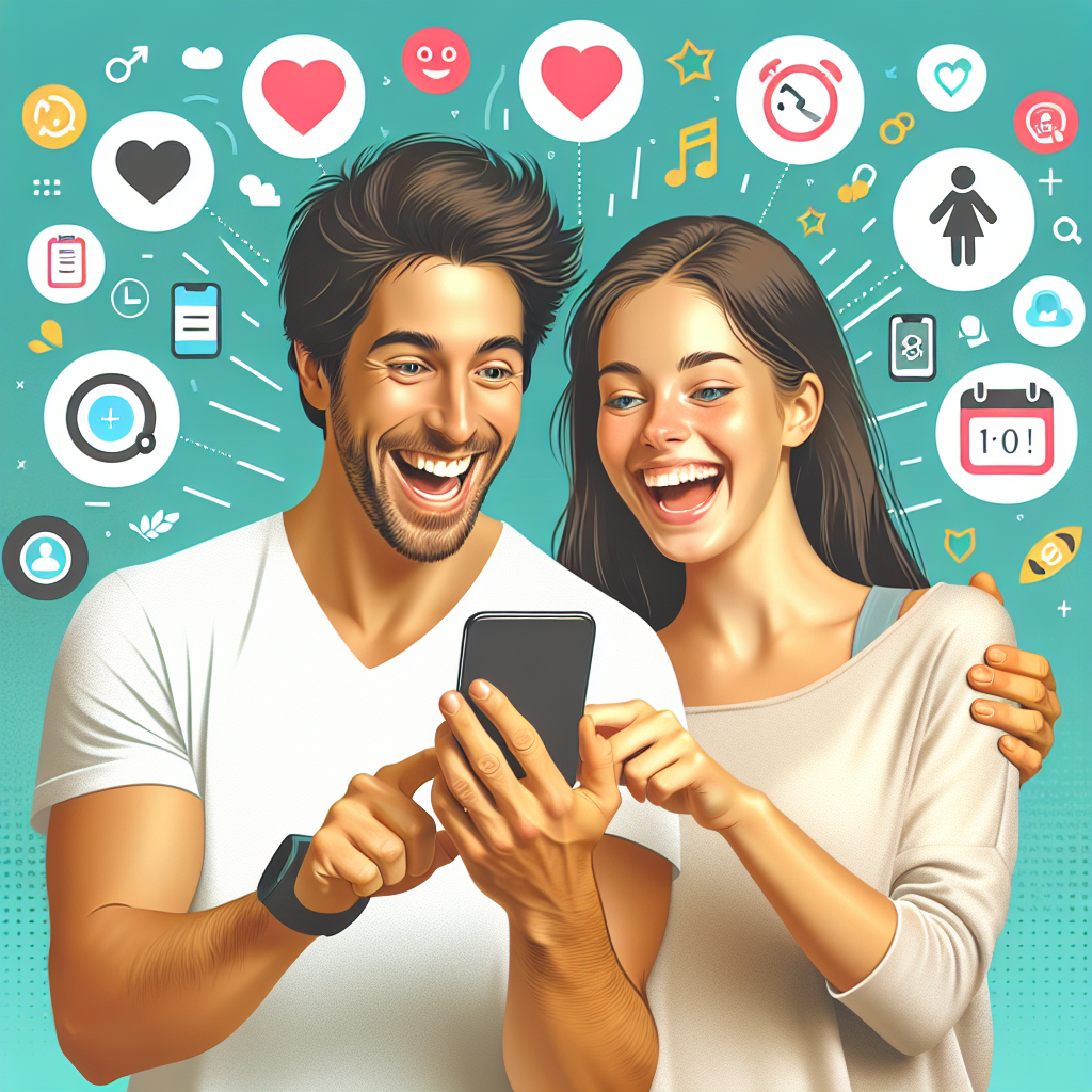 A happy couple using a smartphone together, surrounded by icons representing various couple apps, in a vibrant and modern style.