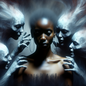 A conceptual illustration of a person surrounded by shadowy, ghostly figures whispering in their ear, representing the manipulative tactics of narcissistic individuals. The atmosphere should be tense yet informative, with a blend of abstract and realistic elements.