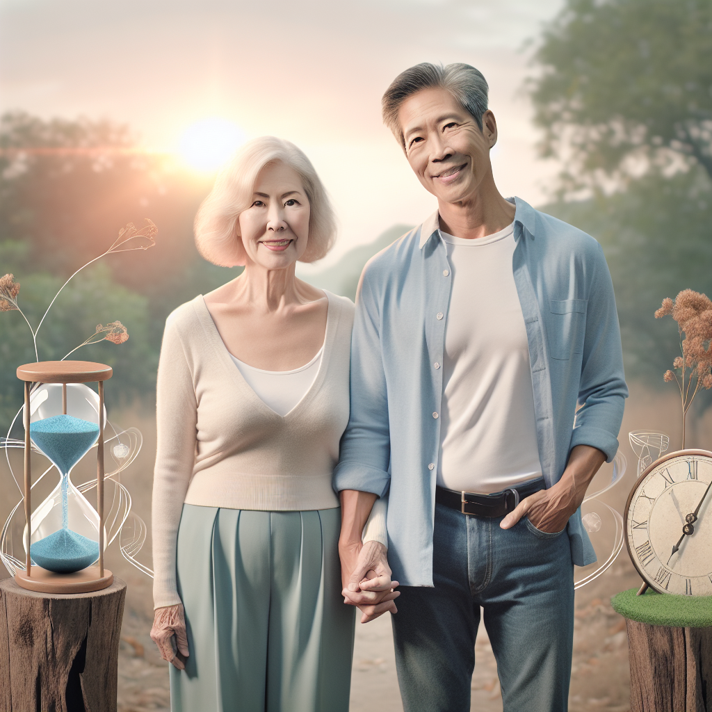 A diverse couple with a significant age difference, holding hands and smiling confidently, surrounded by subtle artistic representations of time and age, soft colors, gentle lighting, outdoor setting.