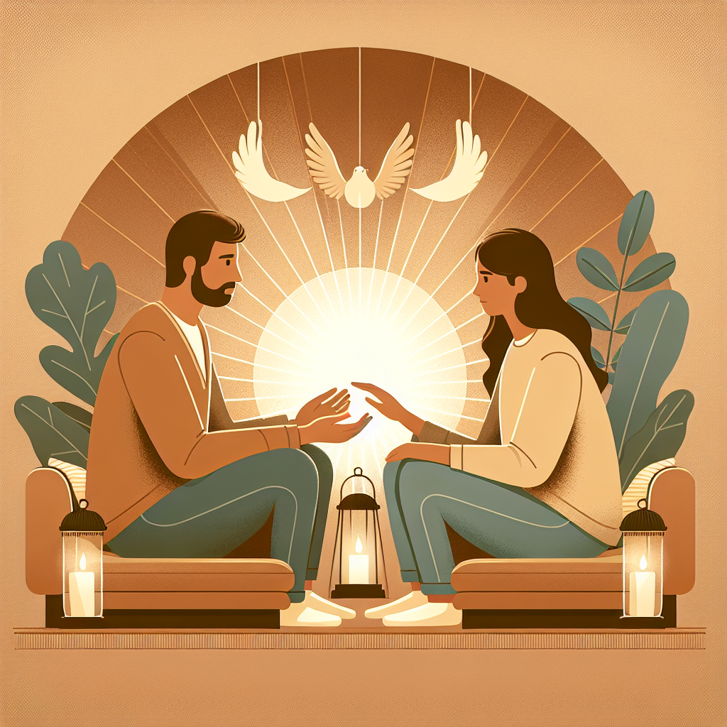 A thoughtful and serene illustration depicting two individuals sitting across from each other, having a compassionate and honest conversation. The setting is calm and respectful, reflecting mutual understanding and empathy.