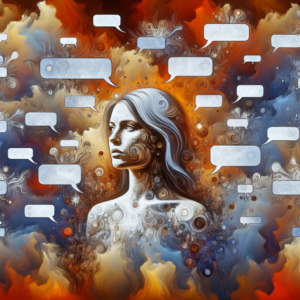 An illustration of a person surrounded by dialogue bubbles with manipulative phrases, symbolizing the psychological tactics used by narcissists. The background is a blend of abstract shapes representing confusion and clarity, showcasing the contrast between manipulation and awareness.