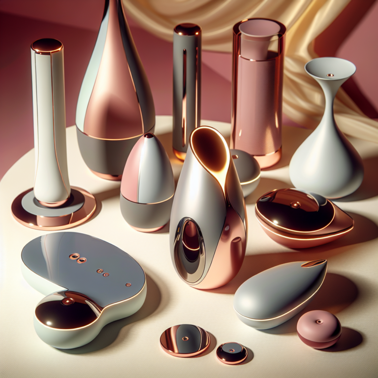 A collection of modern and futuristic-looking sextoys, showcasing sleek designs, vibrant colors, and innovative shapes, set against a soft, intimate background evoking a sense of luxury and pleasure.