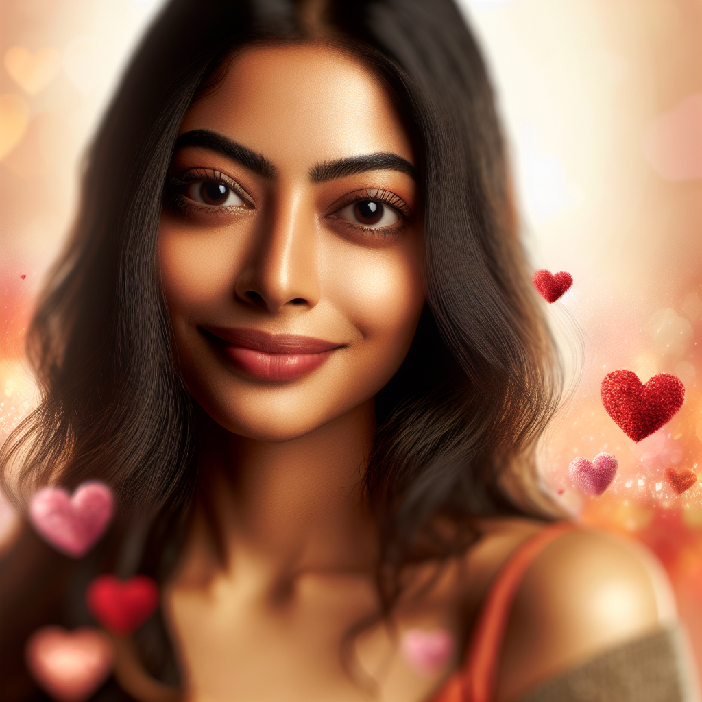 Illustration showing a woman with a loving gaze, smiling softly, symbolizing signs of being in love, with subtle romantic elements like hearts or warm colors in the background.
