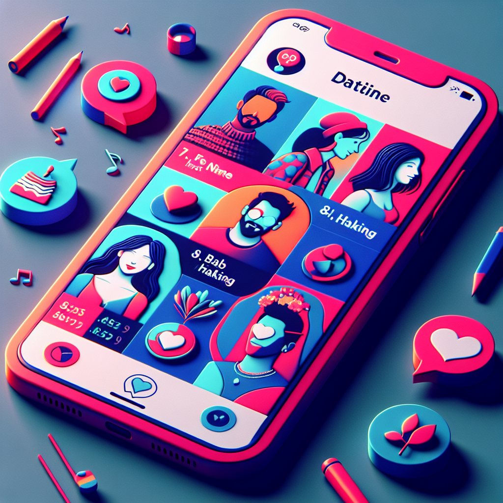 A creative illustration of a digital dating app interface, highlighting popular names and hobbies, with a vibrant, modern design.