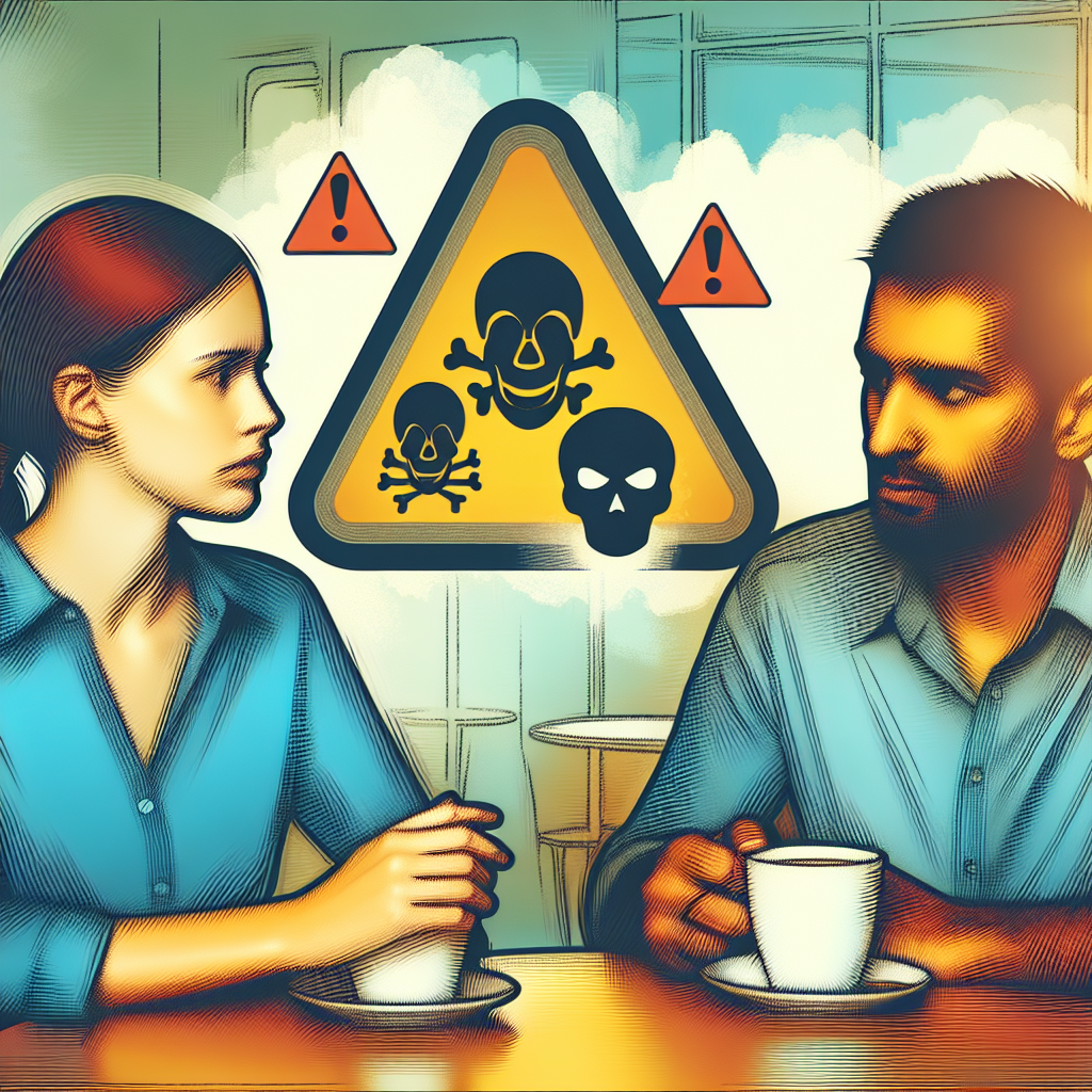 Une illustration abstraite montrant deux personnes lors d'un rendez-vous dans un café, avec un fond flou qui symbolise les signaux d'alerte des relations toxiques, comme des symboles de danger subtils ou des couleurs vives pour représenter le malaise.