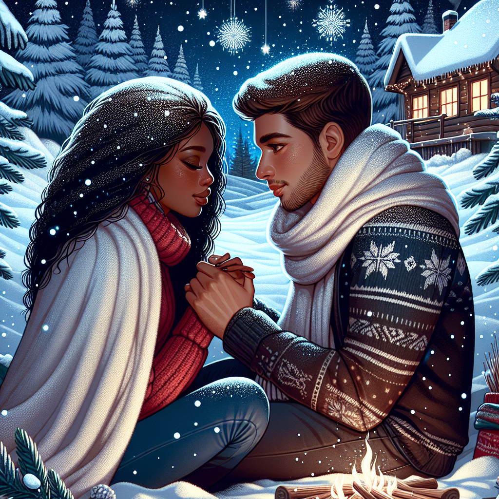 A digital illustration of a winter-themed dating scene, with a couple talking during a snowy night, symbolizing temporary relationships during the holiday season.