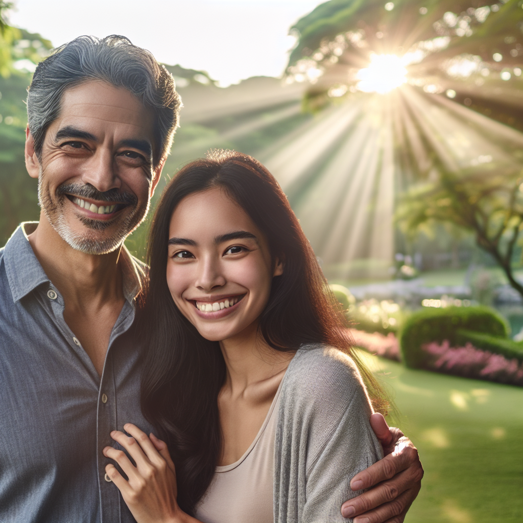 A couple of different ages standing together with a serene background, illustrating happiness and connection. The couple should represent diversity in age while sharing a moment of joy and unity, set in a harmonious and natural environment, like a park on a sunny day.