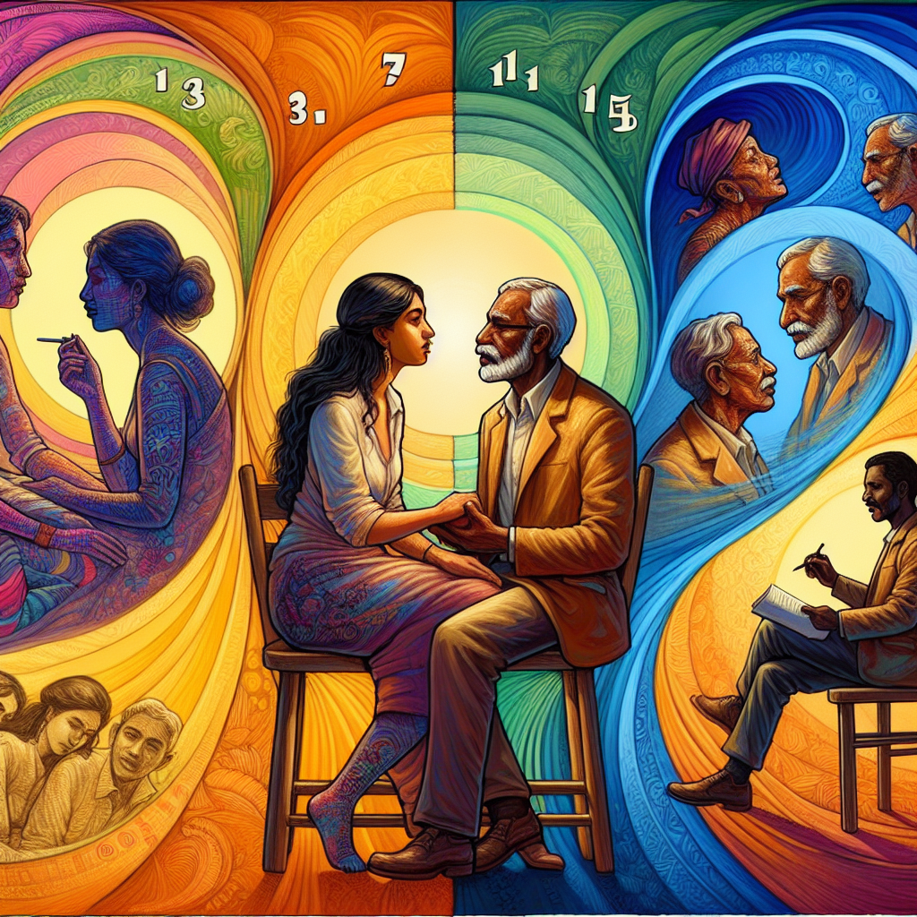 A couple sitting together, engaged in deep communication, with a timeline showing 3, 7, 11, and 15 years, illustrating different emotional stages and challenges, in a colorful and expressive art style.