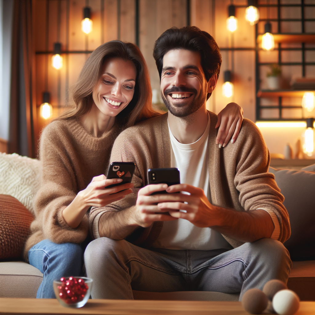 A couple using smartphones with joyful expressions, exploring relationship-enhancing apps, in a modern, cozy living room environment.