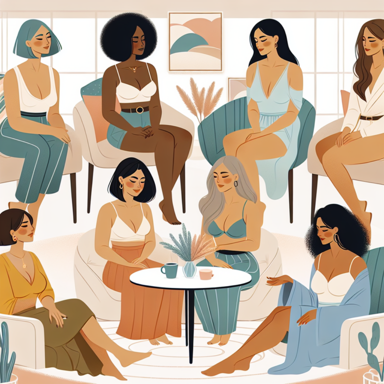 A tasteful illustration depicting a diversity of adult women, each in a relaxed and respectful setting, engaging in a discussion or reflection about intimacy and body positivity, set in a modern and elegant style.