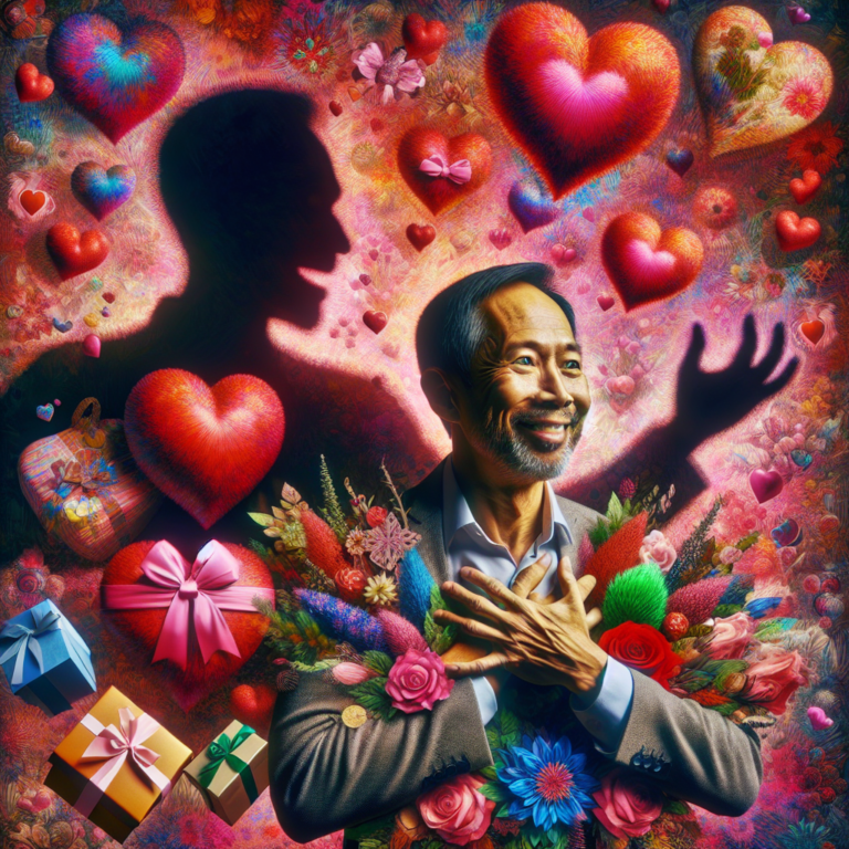 A dramatic illustration of a person surrounded by overwhelming symbols of love like oversized hearts, flowers, and gifts, with a dark shadow looming in the background representing manipulation.