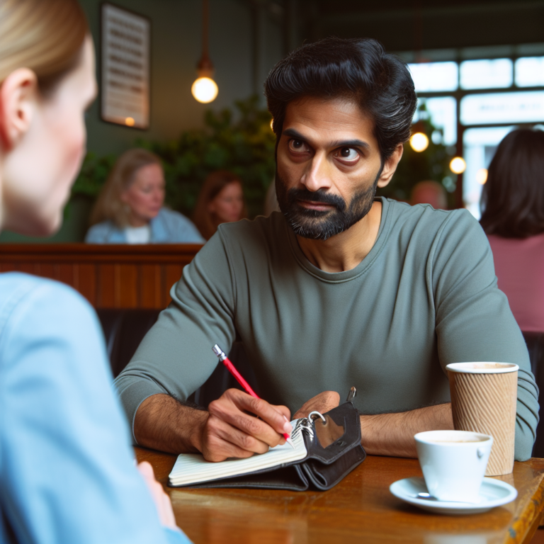 A thoughtful person sitting across from another at a café table, with a notepad subtly open underneath their arm, observing and listening intently to the conversation, capturing the essence of detecting toxic traits in social settings.