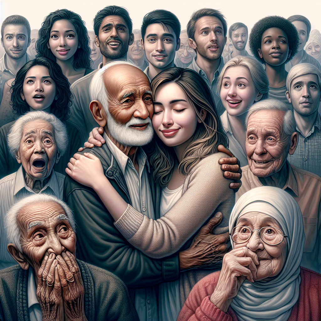 An intimate, warm illustration of a couple with a significant age difference, embracing and surrounded by diverse people with varied facial expressions, symbolizing societal views on age differences in relationships.