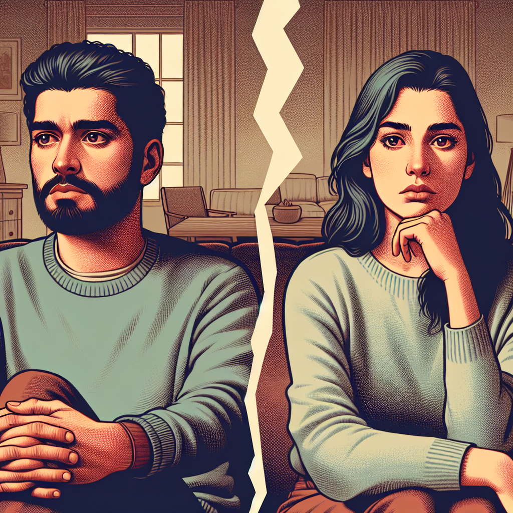 An illustrative image showing a couple sitting on a couch facing away from each other, with expressions of distance and contemplation, symbolizing the end of a relationship. The setting is a cozy living room with soft lighting.