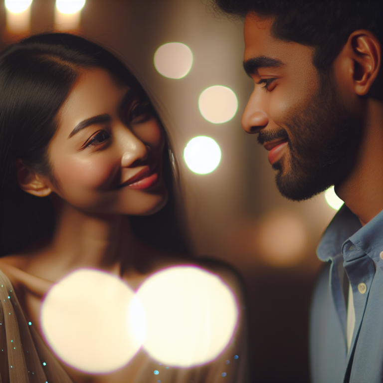 A woman looking deeply into her partner's eyes, smiling warmly, with a soft, romantic atmosphere around them. The background should be subtly blurred to focus on their expressions and body language.