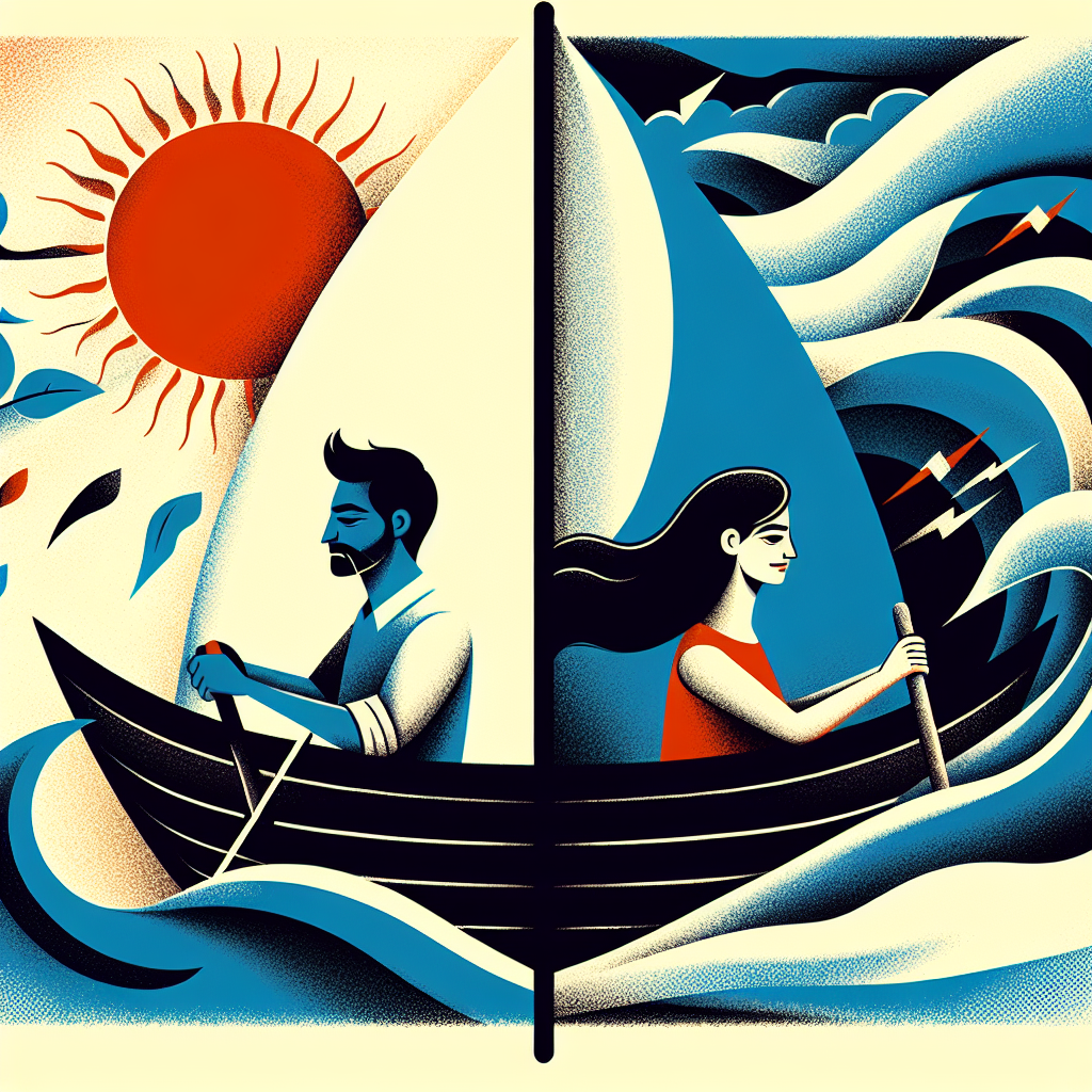 Illustration abstraite d'un couple naviguant à travers des phases orageuses et ensoleillées symbolisant les défis des relations à long terme.