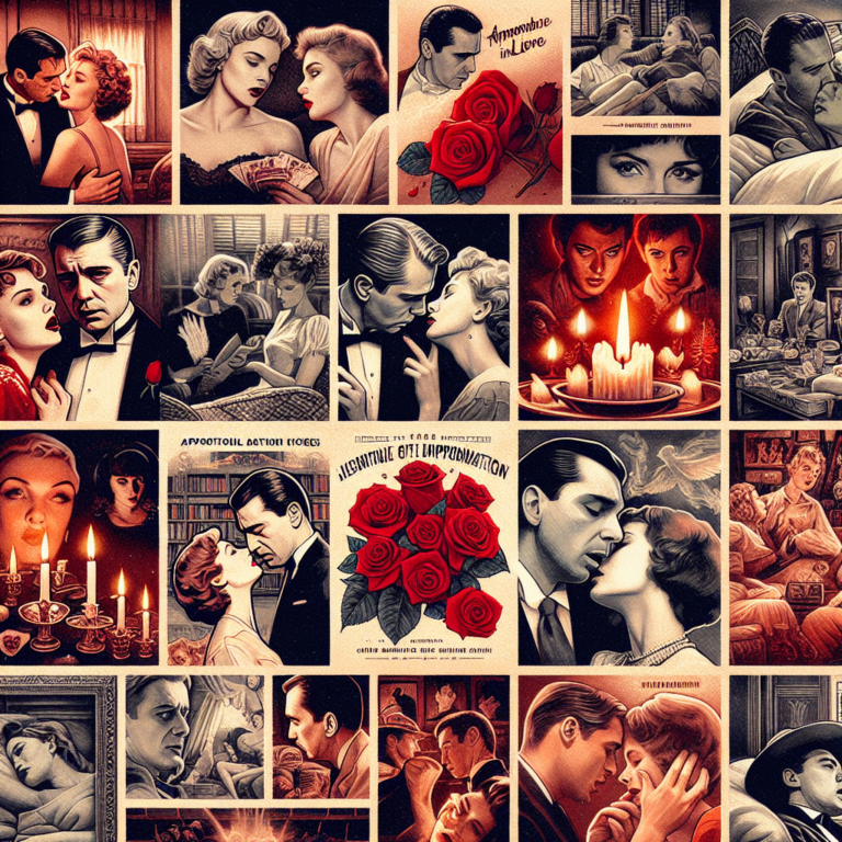 A collage featuring iconic romantic and sensual scenes from various classic films, evoking a sense of passion and intrigue. The scenes should include symbolic elements like roses, candlelight, and intimate expressions between characters.