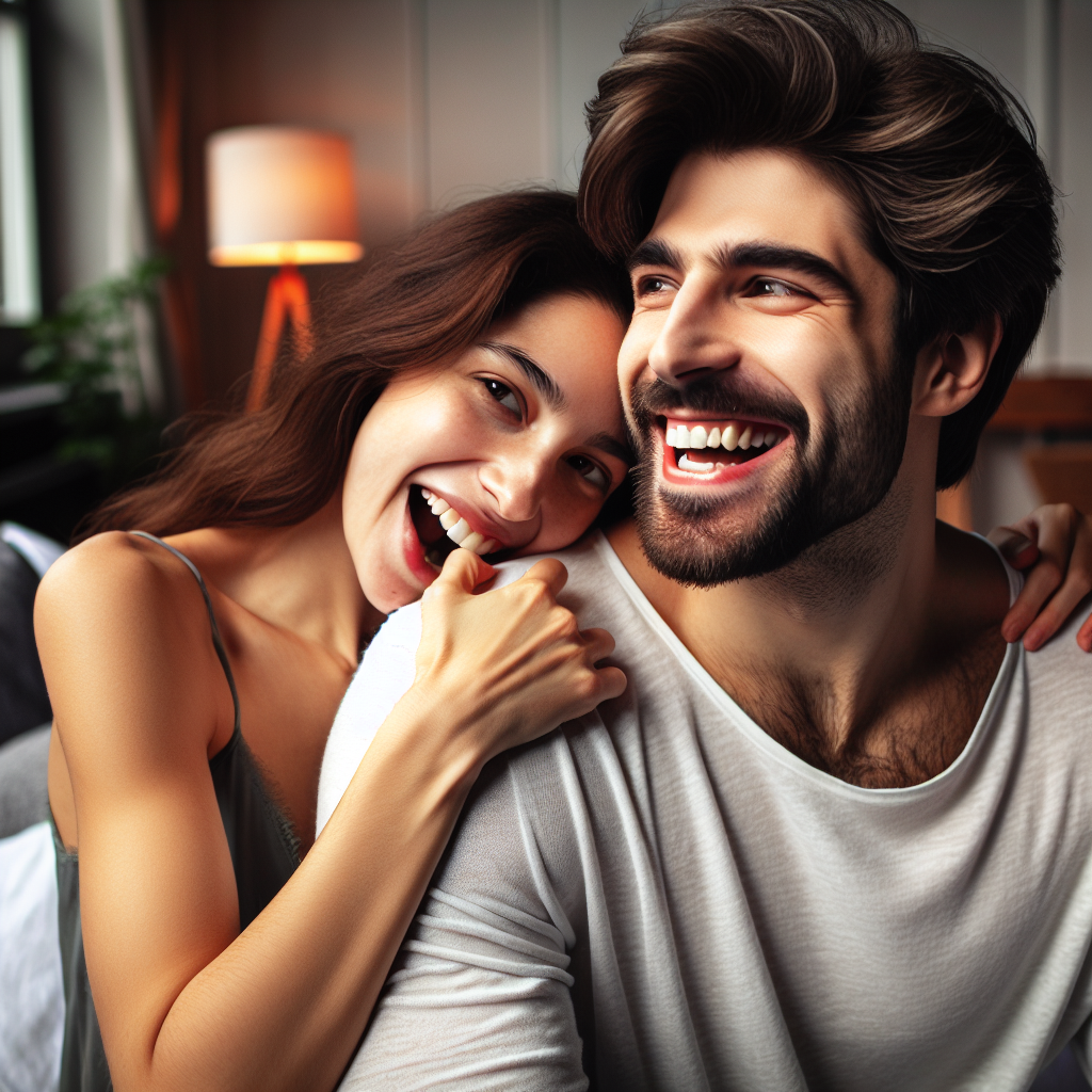 A playful and affectionate couple in a cozy setting, with one partner gently biting the other's shoulder; the atmosphere is lighthearted and intimate, capturing the whimsical nature of the moment.