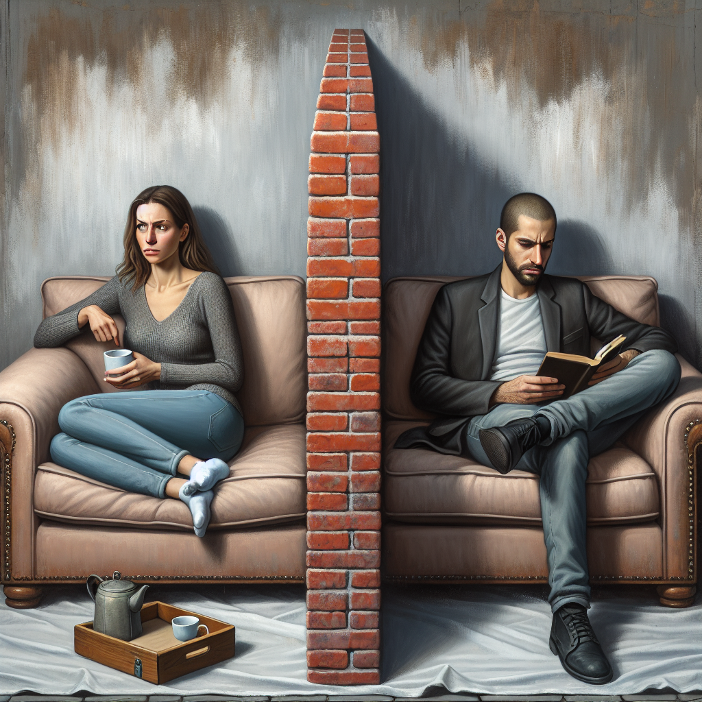 A couple sitting on opposite sides of a couch with a metaphorical brick wall between them, symbolizing emotional distance and communication barriers. The image should capture the tension and isolation often felt in such situations, with muted colors to reflect the somber mood.