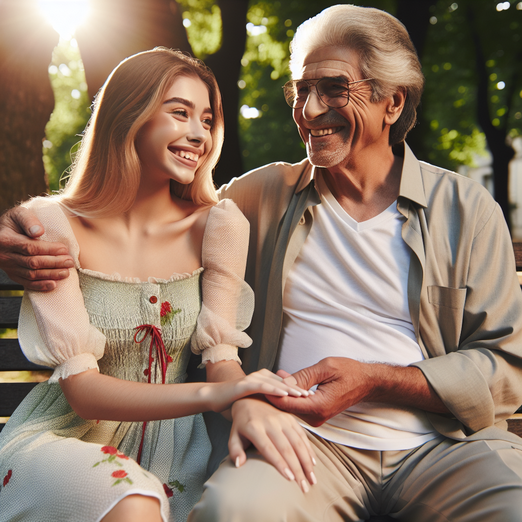 A couple with a significant age difference enjoying a sunny day at a park, smiling and being affectionate, showcasing their love and confidence amid societal norms.