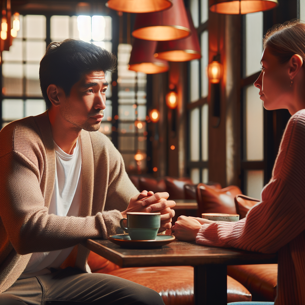 A gentle and compassionate breakup conversation between a couple, set in a cozy setting like a cafe or park. The mood is calm, with respectful body language and understanding expressions, highlighting empathy and clarity.