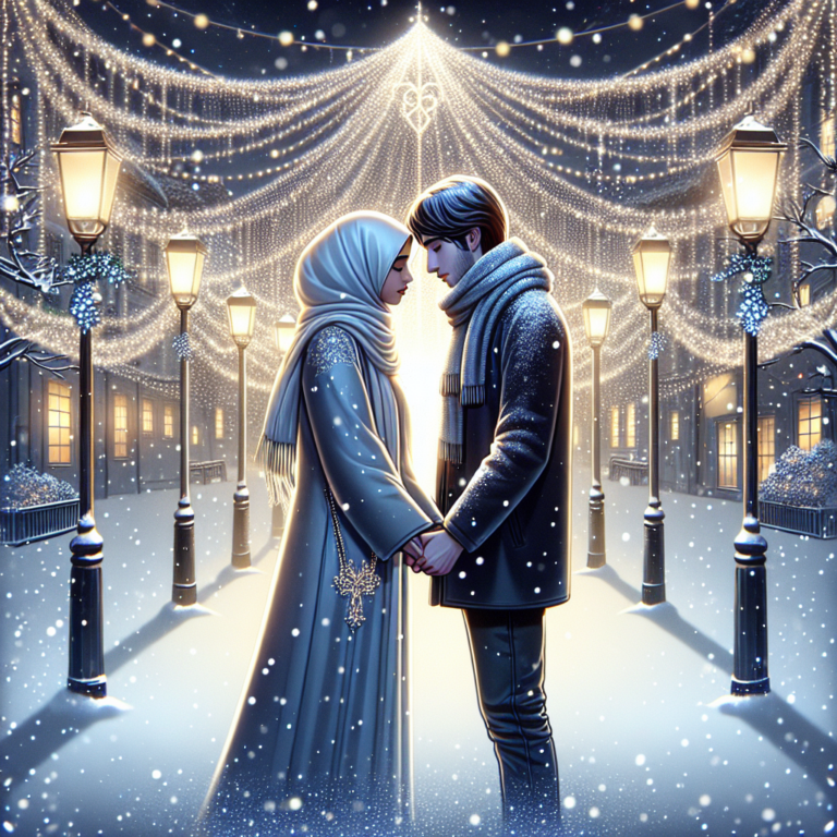 A digital illustration of a winter dating scene, showing a couple on a snowy street, holding hands with a backdrop of festive lights. The atmosphere should capture the mix of romance and fleeting emotional connection associated with winter holiday dating trends.