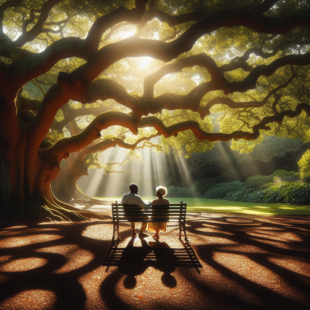 A calm and empathetic conversation between a couple, sitting in a serene park setting with soft sunlight filtering through the trees, conveying a sense of understanding and gentle closure.