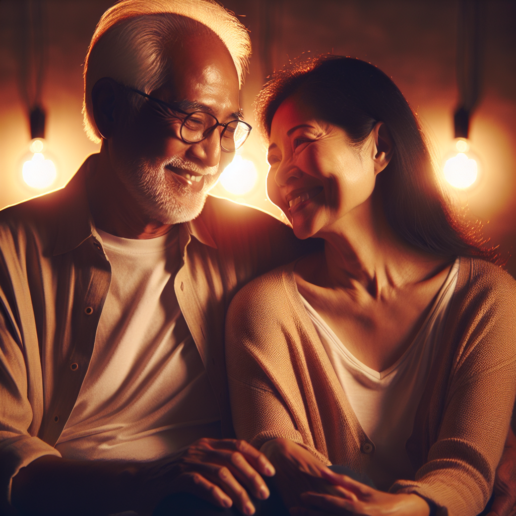 A diverse couple sitting together closely, smiling, with a subtle age difference, surrounded by warm and intimate lighting, symbolizing connection, love, and understanding, suitable for an article on ideal age gap in relationships.