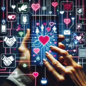 A close-up of modern digital devices, like smartphones, displaying colorful apps, surrounded by symbols of love and connection, such as hearts, intertwined hands, and connections lines, representing a theme of relationship enhancement through technology.