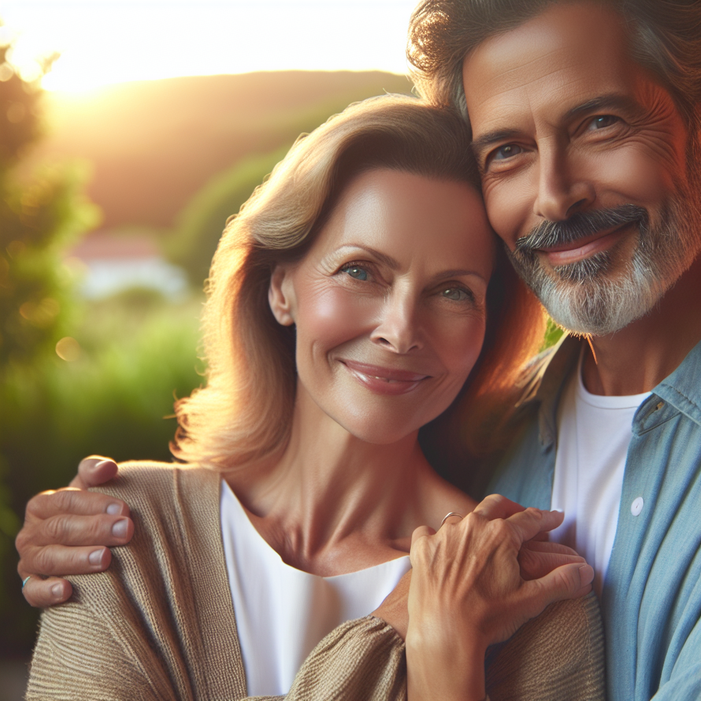 A loving couple with a noticeable age difference, happily embracing in a serene outdoor setting. The setting should feel warm and inviting, with gentle natural light enhancing their expressions of joy and connection. The background could include soft-focus elements of nature, like trees or a distant horizon. The couple's clothes are casual yet stylish, reflecting diversity in both age and style.