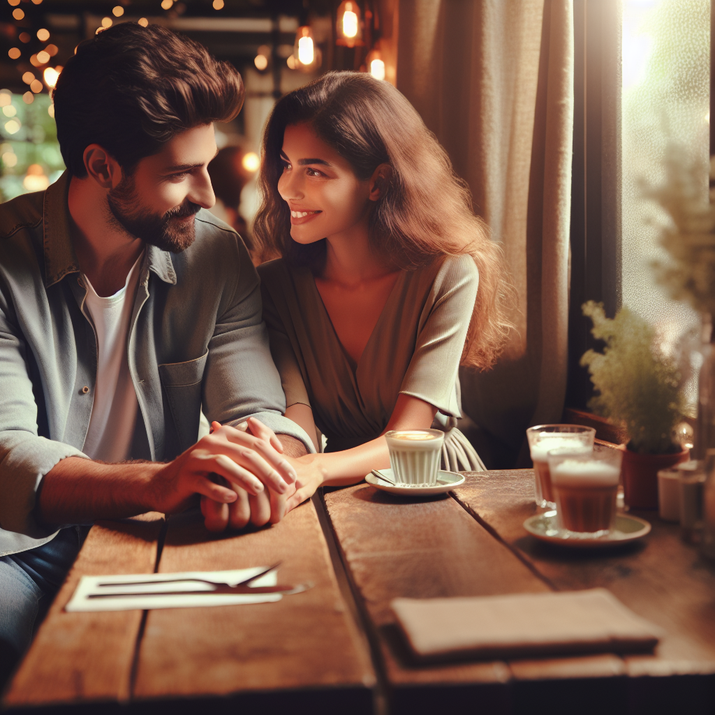 A couple sitting together in a cozy cafe, looking at each other with smiles. They hold hands across the table, surrounded by a warm ambiance with soft lighting, representing the beginning of a romantic relationship.