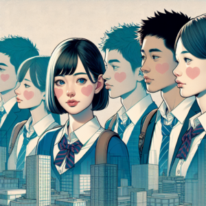 Illustration of young Japanese students in a modern urban setting, looking thoughtful and distant from each other, symbolizing the decline in romantic gestures like kissing, traditional Japanese cultural elements subtly included.