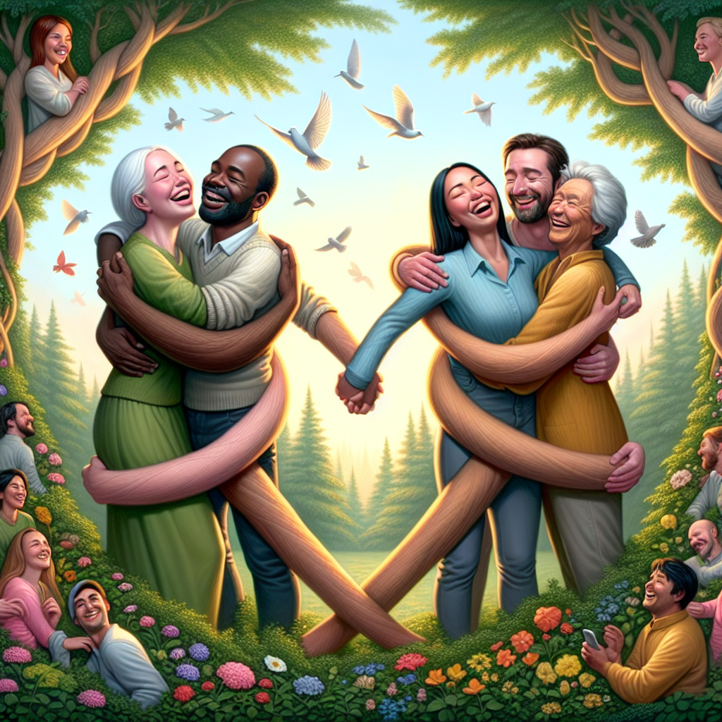 A diverse group of interconnected couples, each displaying warmth and happiness, embracing an unconventional relationship dynamic, set in a peaceful, nature-filled environment.