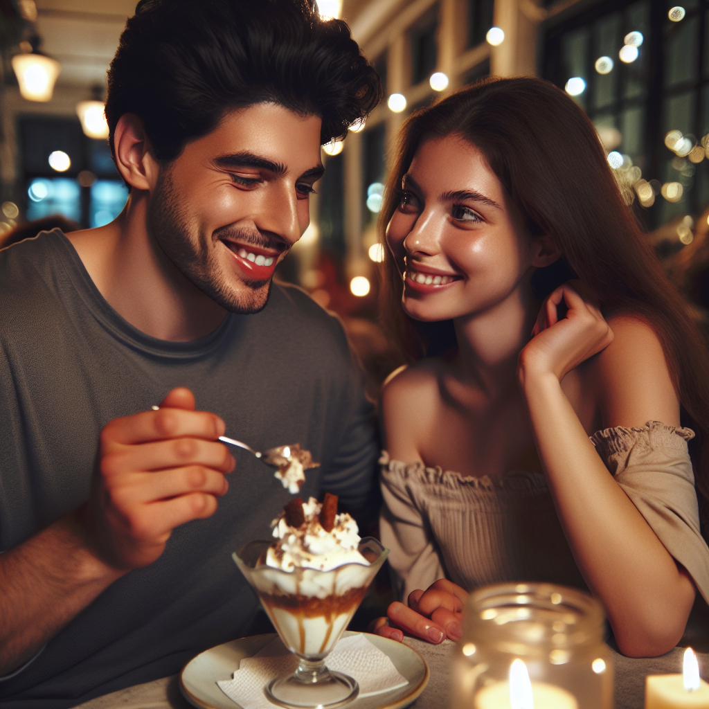 A young couple experiencing the joys and challenges of a new romantic relationship. They are seated in a cozy cafe, sharing a dessert, with expressions of curiosity and happiness. The ambiance is warm, with candles and soft lighting, symbolizing intimacy and connection.