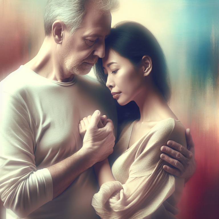 A romantic couple standing together, one significantly older than the other, in a peaceful and understanding embrace, set against a soft, blurred background representing harmony regardless of age. The woman is around 30, the man around 50, symbolizing diversity and acceptance in love across generations.