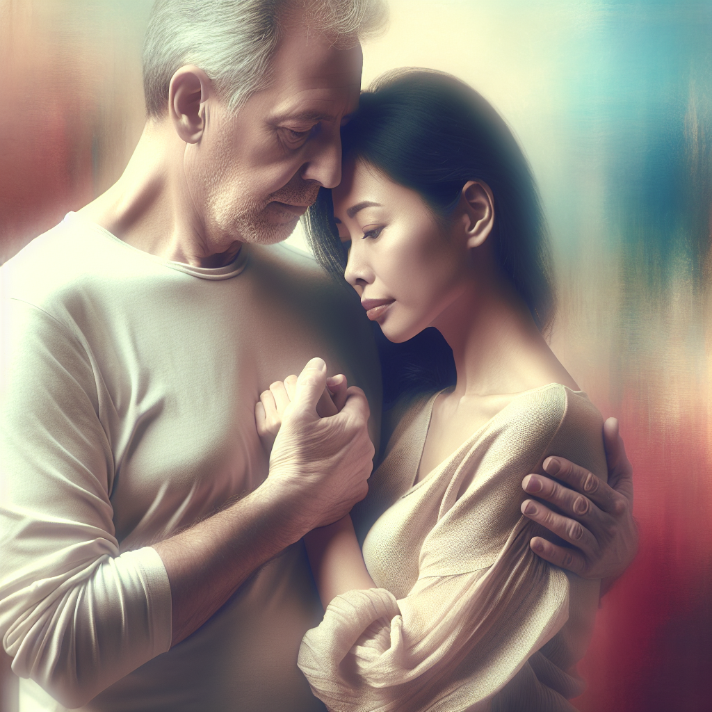 A romantic couple standing together, one significantly older than the other, in a peaceful and understanding embrace, set against a soft, blurred background representing harmony regardless of age. The woman is around 30, the man around 50, symbolizing diversity and acceptance in love across generations.