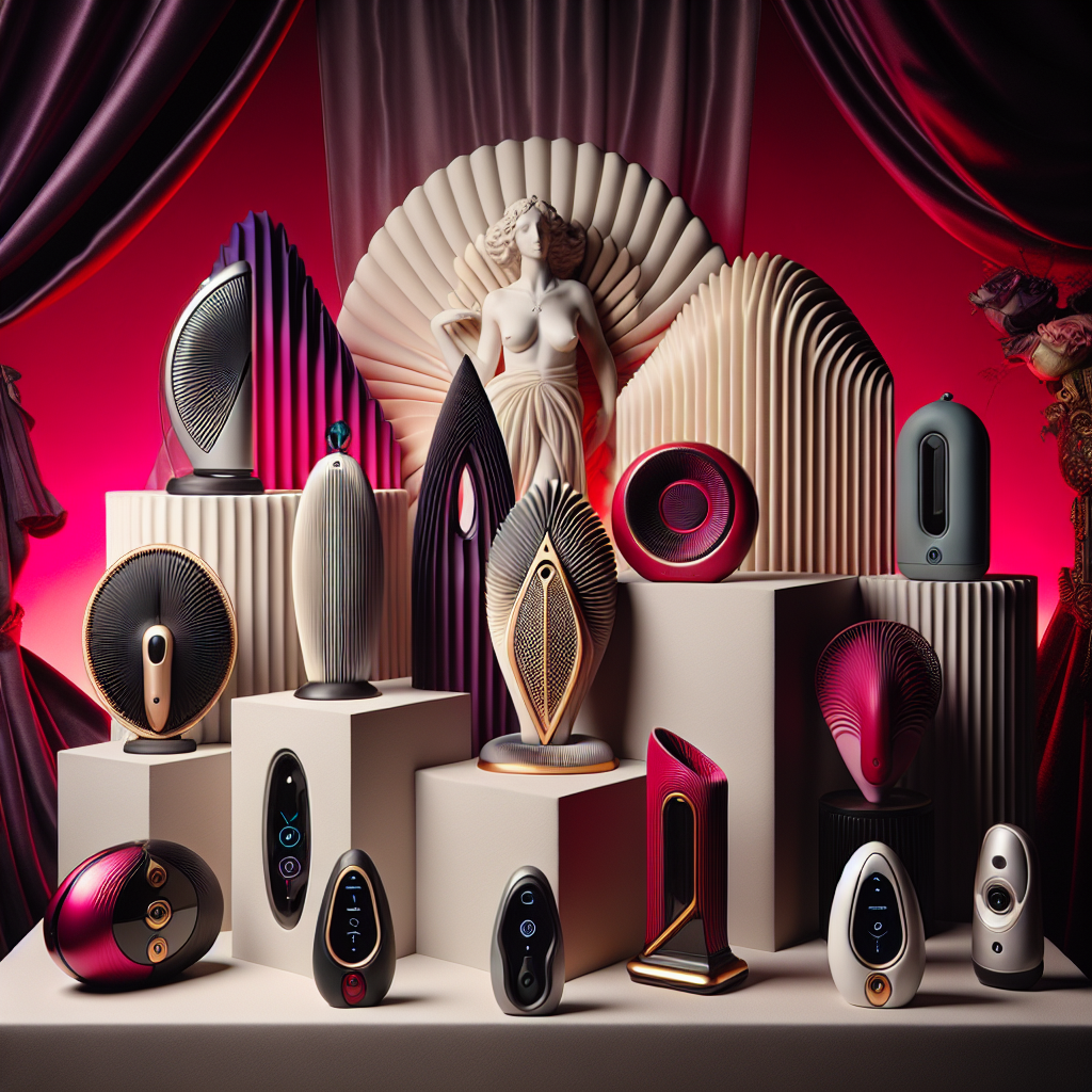 A collection of innovative and stylish sex toys arranged artfully against a soft, romantic backdrop. Each toy is unique in its design, showcasing a modern aesthetic with seamless lines and vibrant colors. The scene conveys luxury and intimacy, inviting exploration and curiosity.