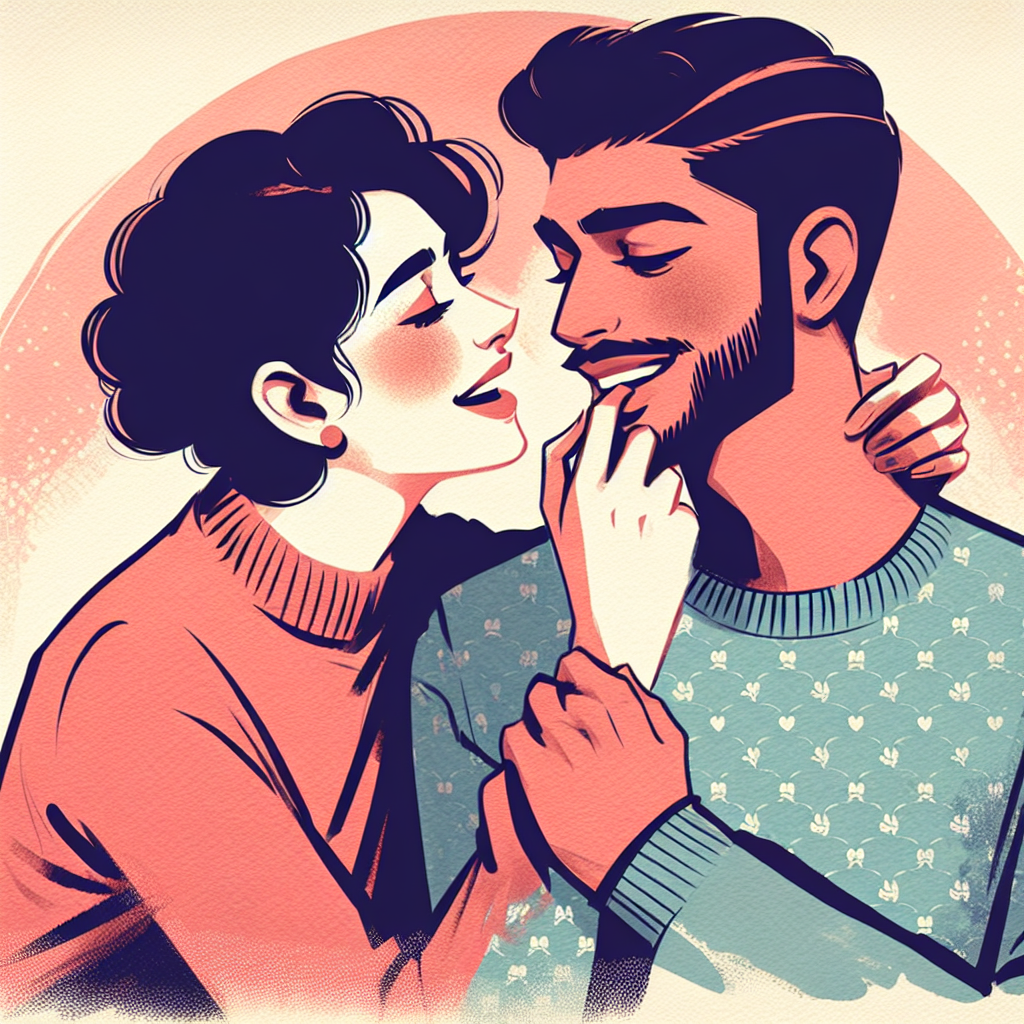 A playful and artistic illustration of a couple embracing with one partner gently and affectionately pretending to bite the other, set in a softly lit, romantic atmosphere.