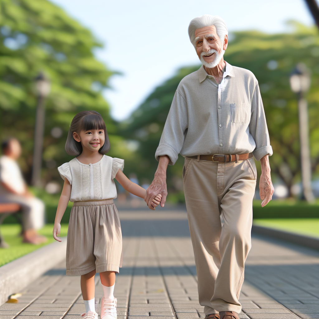 A couple of different ages, hand in hand, walking through a park, looking happy and at ease despite the age gap, with a blurry background to emphasize their connection and focus on their expressions.