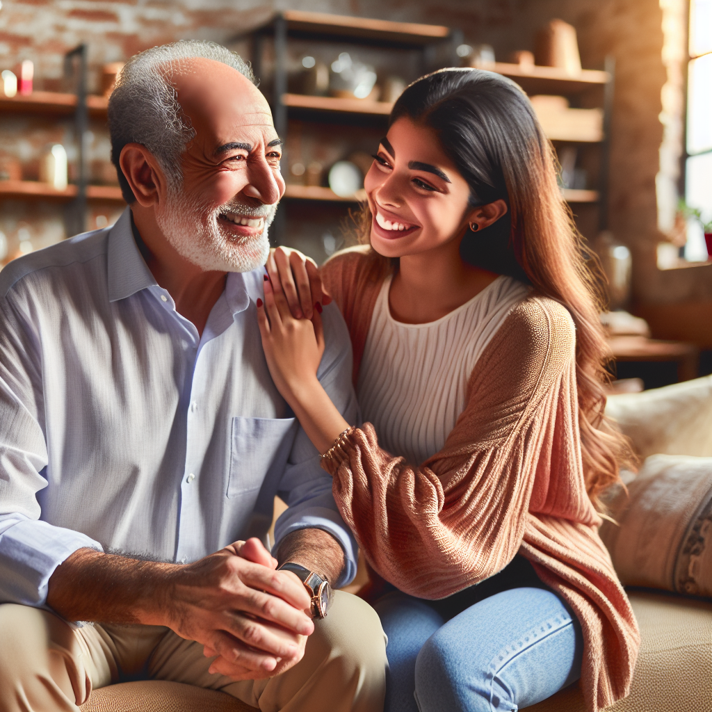 An intergenerational couple happily sharing a moment together, illustrating diversity in age and harmony in a relationship, set in a cozy, warm-toned home environment.