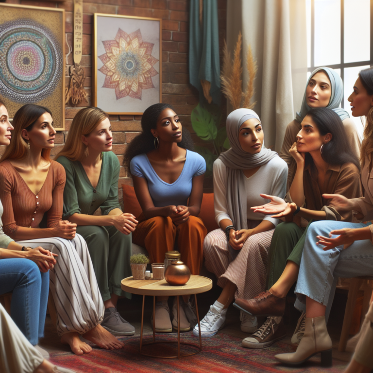 A diverse group of women discussing and exploring different intimate practices in a comfortable and positive setting. Emphasize empowerment, education, and diversity in a tasteful and respectful manner.