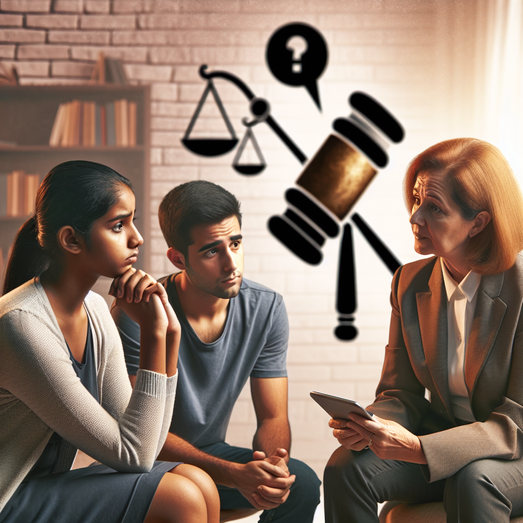 A thoughtful psychologist explaining to parents the impact of online pornography on children, with a background of a judge's gavel symbolizing justice and protection. The setting is professional, warm, and insightful, reflecting concern and proactive measures in safeguarding children.