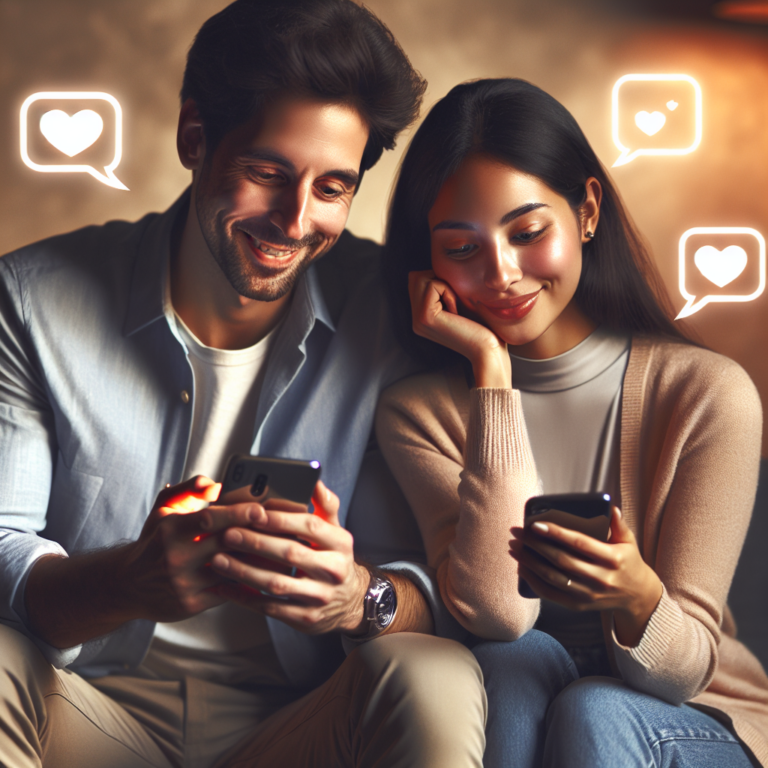 A modern couple sitting together on a couch, smiling and interacting with mobile devices, the room filled with a cozy ambiance and digital icons symbolizing love and communication floating around.