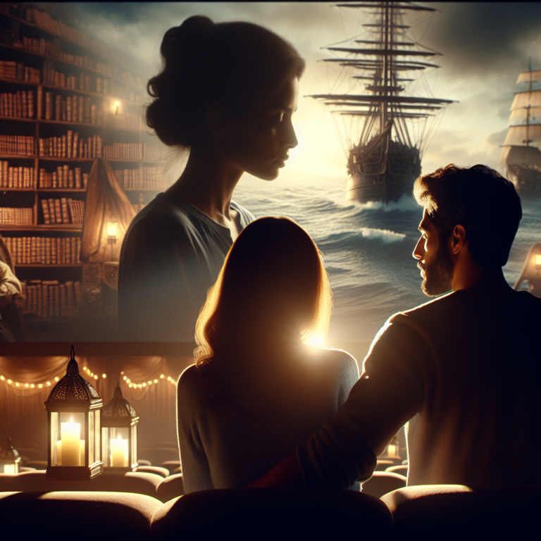 A silhouetted couple watching a romantic movie scene on a large screen, with soft ambient lighting creating a sensual atmosphere and subtle hints of various film settings like a ship, a library, and a dimly lit room.