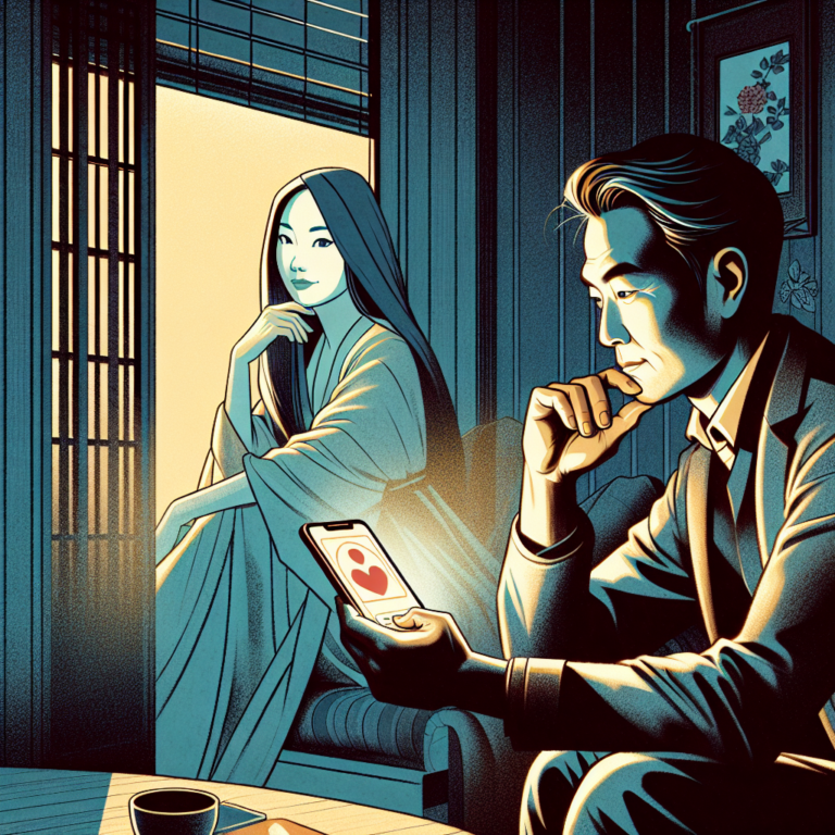 An illustration showing a thoughtful person holding a smartphone with the Tinder app open, sitting in a cozy, softly lit room. The scene captures a sense of contemplation and curiosity, with subtle hints of technology and emotion intertwined.