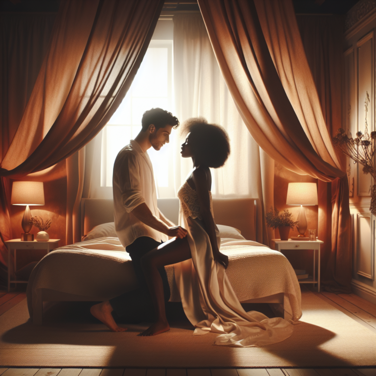 A couple in an intimate bedroom setting, engaged in a sensual and playful moment. The focus is on imaginative positioning, highlighting a sense of fun and exploration in a warm, dimly lit atmosphere. The bed is at the center, with curtains and soft lighting creating a cozy and intimate space.